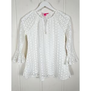 Lilly Pulitzer White 3/4 Sleeve Eyelet‎ Resort Top Size XXS Cotton